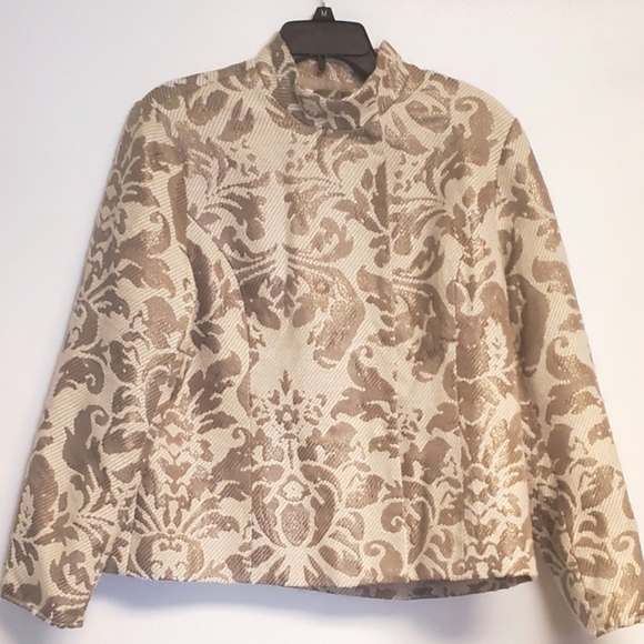 COLDWATER CREEK Womens Champagne Met Gold Jacquard Wool Blend Blazer Jacket 16 - Picture 1 of 7